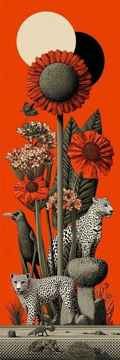 I_KONIQ - Leopard and gigantic sunflower in Boho style 50 x, Antiek en Kunst, Kunst | Designobjecten