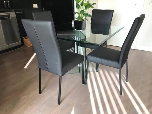 Set van 4 leren eetkamerstoelen - zwart leer - Echt leer,, Huis en Inrichting, Stoelen, Overige kleuren, Nieuw, Leer, Ophalen of Verzenden
