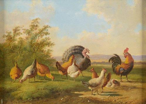 Albertus Verhoesen (1806-1881) - Chickens a rooster and a, Antiek en Kunst, Kunst | Schilderijen | Klassiek