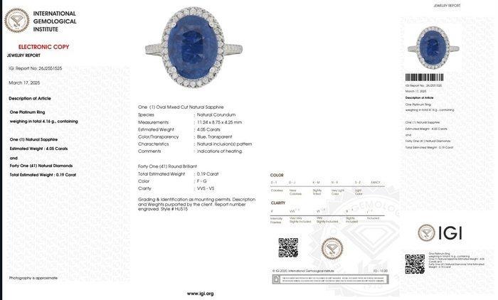 Zonder minimumprijs - Ring Platina - 4.24ct. tw. Saffier -, Handtassen en Accessoires, Ringen