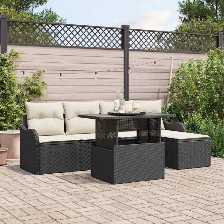 vidaXL Tuinbank Set met kussen met opslag 6 pcs Zwart Poly, Tuin en Terras, Tuinsets en Loungesets, Nieuw, Verzenden