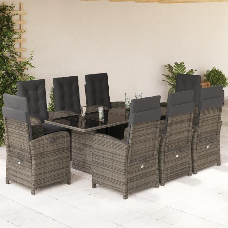 vidaXL 9-delige Tuinset met kussens poly rattan grijs, Tuin en Terras, Tuinsets en Loungesets, Tuinset, Nieuw, Verzenden