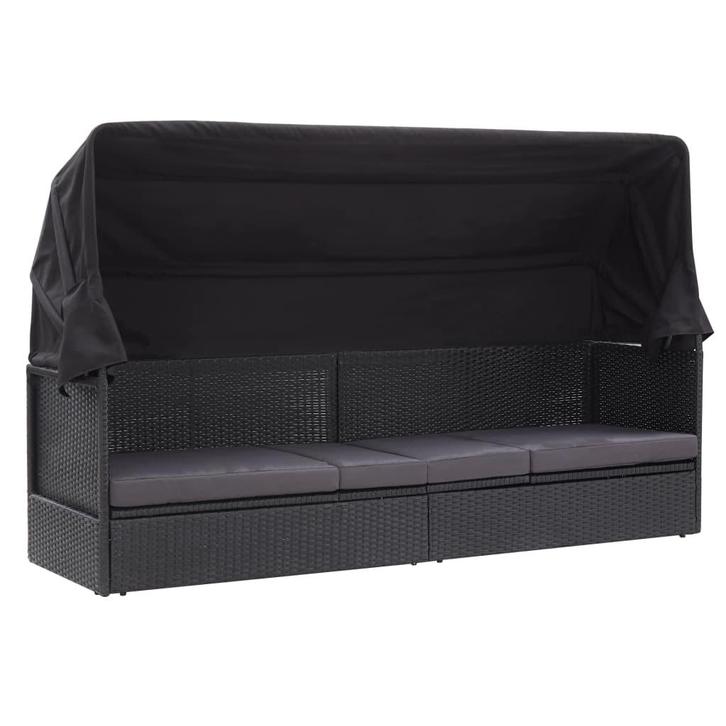 vidaXL Loungebank met luifel poly rattan zwart, Tuin en Terras, Ligbedden, Nieuw, Verzenden
