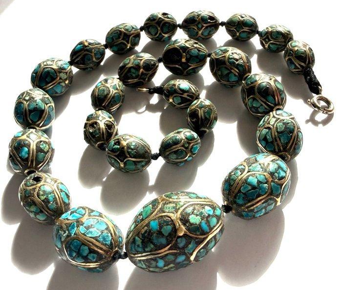 Zilver, Himalayaanse tribale Turkoois-zilveren ketting,, Collections, Minéraux & Fossiles