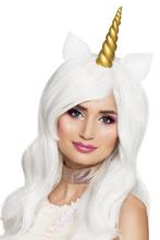 Witte Pruik Eenhoorn Lang Schuine Pony Gouden Hoorn Unicorn, Ophalen of Verzenden, Nieuw
