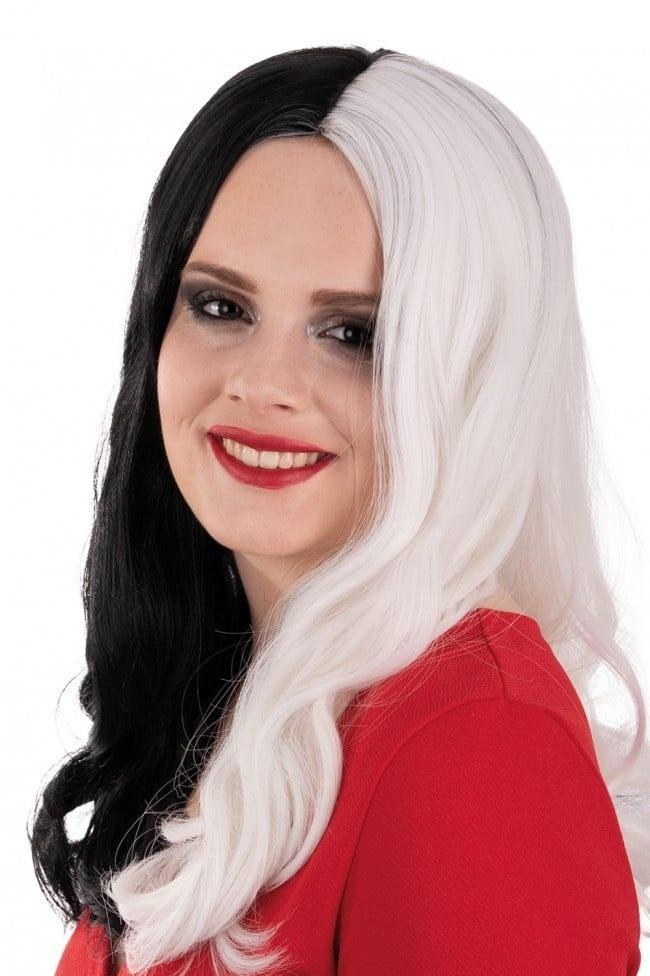 Pruik Selena Lang Met Krullen Zwart En Wit, Hobby en Vrije tijd, Feestartikelen, Nieuw, Verzenden