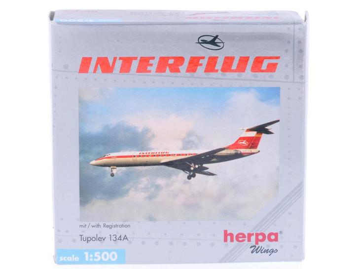 Schaal 1:500 Herpa 512138 Interflug Tupolev Tu-134A Reg...., Hobby en Vrije tijd, Modelbouw | Vliegtuigen en Helikopters, Zo goed als nieuw