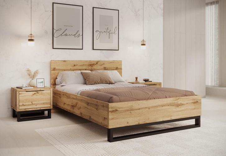 Tweepersoonsbed - Eiken Zwart - 140x200 cm | Zonder matras, Huis en Inrichting, Slaapkamer | Bedden, Nieuw, Verzenden