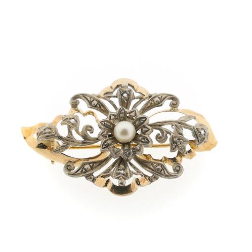 18 Krt. Antiek gouden broche met parel en diamanten | Vic..., Handtassen en Accessoires, Broches, Overige kleuren, Gebruikt, Met edelsteen