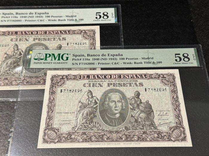 Spanje. - 2 x 100 Pesetas - 1940 ND (1943) - Consecutive -, Postzegels en Munten, Bankbiljetten | Europa | Niet-Eurobiljetten