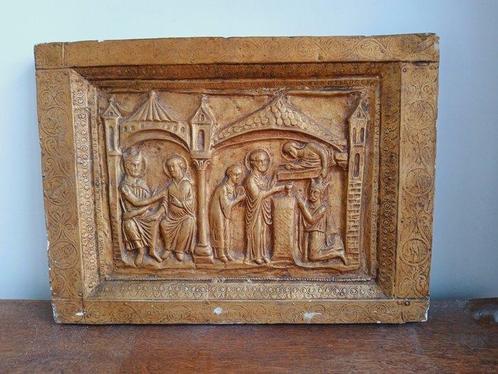 Large plaque with religion scene in relief decorated with, Antiek en Kunst, Antiek | Boeken en Manuscripten