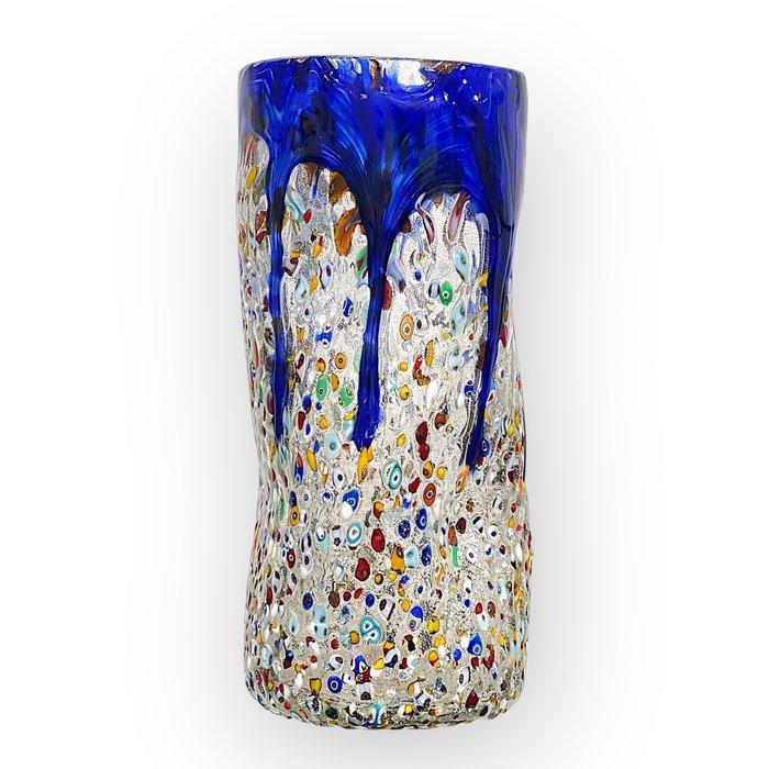 Filippo Maso - Vaas - Blauwe vaas met zilverblad en murrine, Antiek en Kunst, Antiek | Glaswerk en Kristal