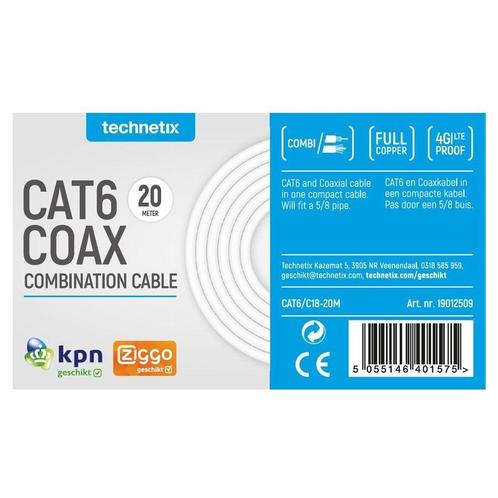 Technetix combikabel: CAT6/C18 - 20 meter CAT6 + Coax RG59T, Doe-het-zelf en Bouw, Elektriciteit en Kabels, Nieuw, Ophalen of Verzenden