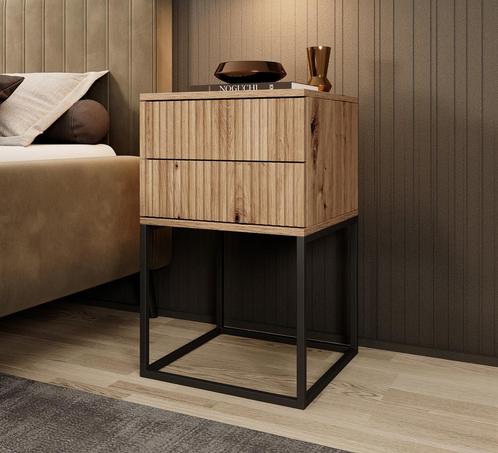 Meubella Nachtkastje eiken 40cm lades metalen onderstel, Huis en Inrichting, Kasten | Overige, Nieuw, Verzenden