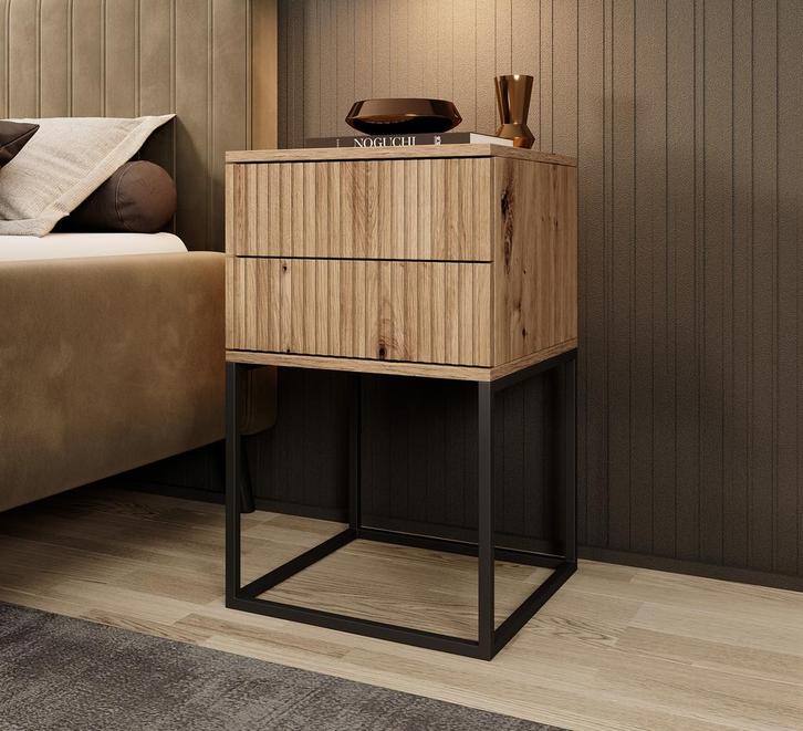 Meubella Nachtkastje eiken 40cm lades metalen onderstel, Huis en Inrichting, Kasten | Overige, Nieuw, Verzenden