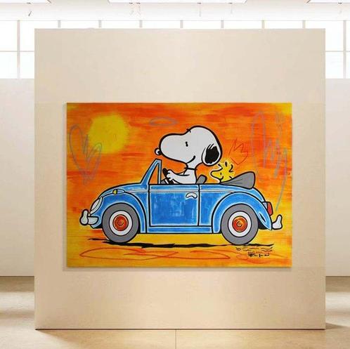 Rafael Vicente - Snoopy & Woodstock Travel by Blue VW Beetle, Antiek en Kunst, Kunst | Schilderijen | Modern