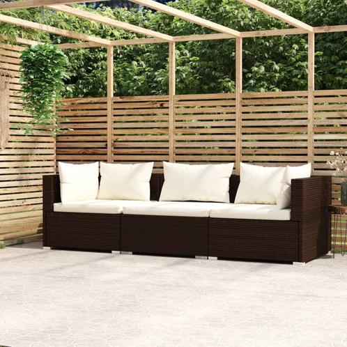 vidaXL Driezitsbank met kussens poly rattan bruin, Tuin en Terras, Tuinsets en Loungesets, Nieuw, Verzenden