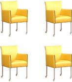 Set van 4 Gele leren moderne kuipstoel - poot rond inox met, Huis en Inrichting, Nieuw, Vier, Modern, Leer