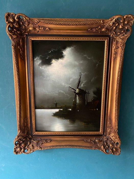 Hollandse School (XX) - Molen in maanlicht, Antiek en Kunst, Kunst | Schilderijen | Klassiek