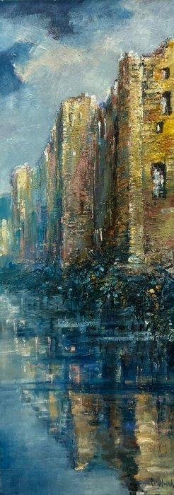 Danuta Frydrych (XXI) - Misty Quayside Facades, Antiquités & Art, Art | Peinture | Classique