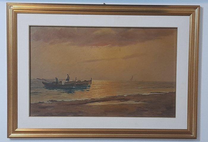 Italiaanse school (XX) - Marina con pescatori al tramonto, Antiek en Kunst, Kunst | Schilderijen | Klassiek