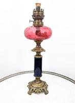 grande lampe pétrole Colonne bleu et piètement en bronze -