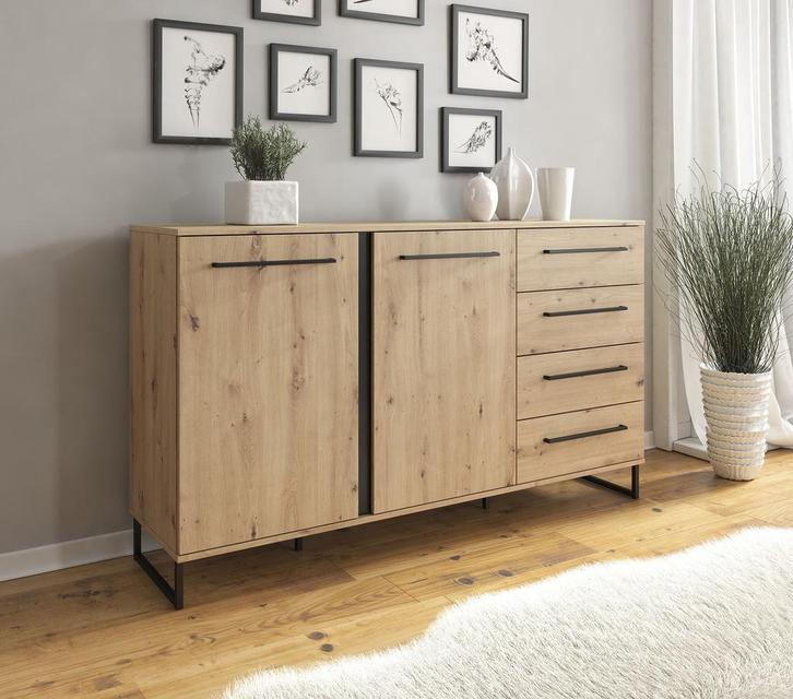 Dressoir Saturn - Eiken - Zwart - 159x42x93 cm - Kast, Huis en Inrichting, Kasten | Dressoirs, 25 tot 50 cm, Nieuw, 150 tot 200 cm