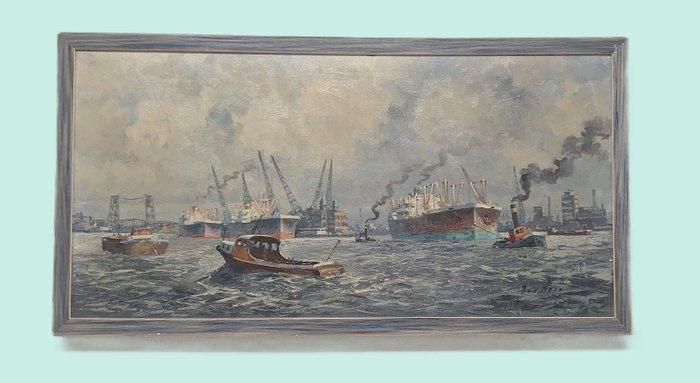 Van den Berg (XX) - **NO RESERVE ** Havengezicht hotel New, Antiek en Kunst, Kunst | Schilderijen | Klassiek