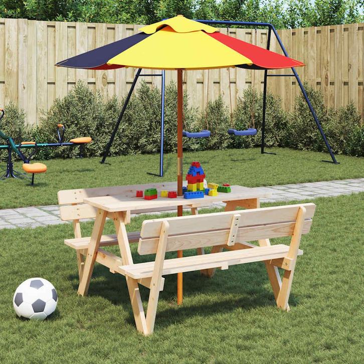 vidaXL Picknicktafel voor 4 kinderen met parasol massief, Tuin en Terras, Tuintafels, Nieuw, Verzenden
