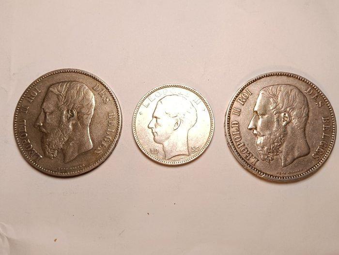 België. Leopold II. 5, 20 Francs 1874/1955, 3 coins (Zonder, Postzegels en Munten, Munten | Nederland
