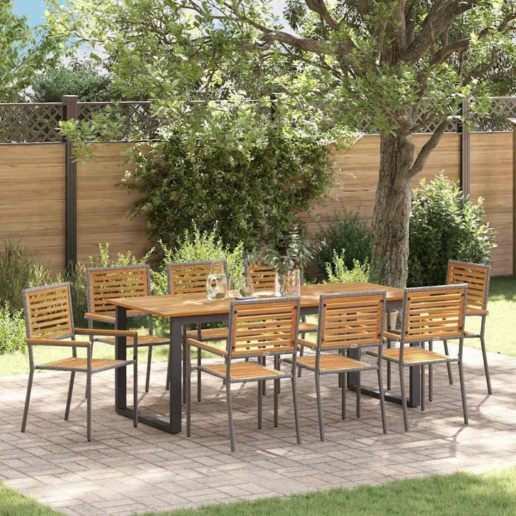vidaXL Tuin Eettafel Set 9 pcs Grijs Massief Acacia Hout, Tuin en Terras, Tuinsets en Loungesets, Nieuw, Verzenden