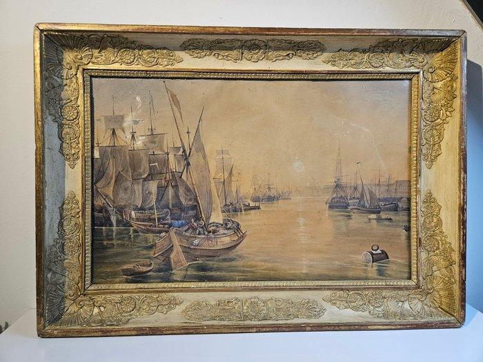 École européenne (XIX) - Bedrijvig Havengezicht ca. 1850, Antiek en Kunst, Kunst | Schilderijen | Klassiek