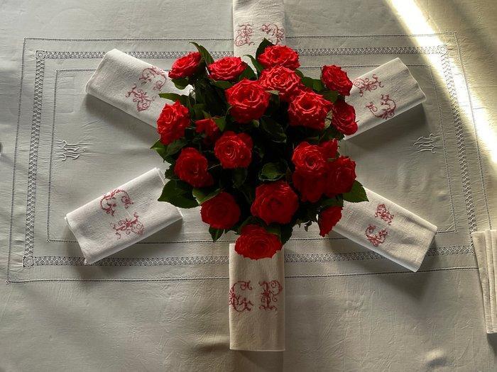 6 damast linnen servetten uit de late 19e eeuw met initialen, Antiek en Kunst, Antiek | Tapijten, Tafelkleden en Textiel