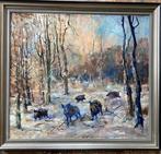 Jaap Hiddink (1910-2000) - Wilde zwijnen in de sneeuw, Antiek en Kunst, Kunst | Schilderijen | Klassiek