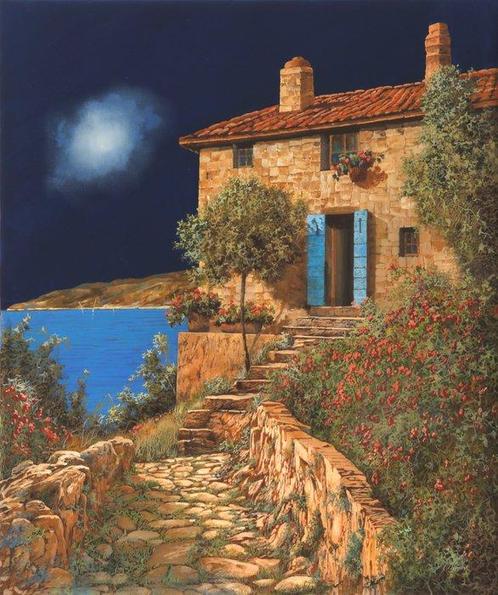 Guido Borelli - di notte al lago, Antiquités & Art, Art | Peinture | Moderne