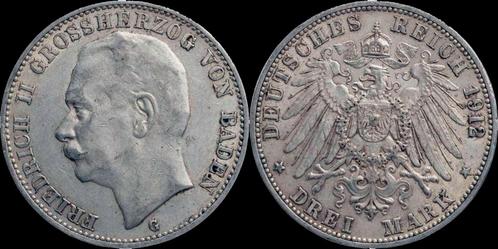 Germany Baden 3 mark 1912g Friedrich Ii zilver, Postzegels en Munten, Munten en Bankbiljetten | Toebehoren, Verzenden