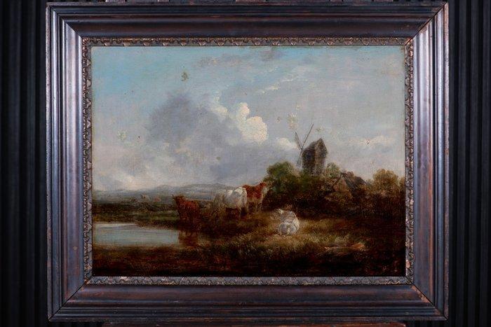 Hollandse School (XVIII–XIX) - Landschap met Koeien en Molen, Antiek en Kunst, Kunst | Schilderijen | Klassiek