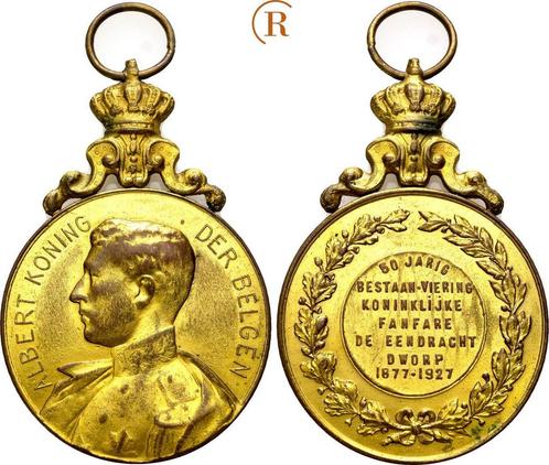 Vergoudete brons medaille 1927 Belgie: Albert I, 1909-1934:, Timbres & Monnaies, Pièces & Médailles, Envoi