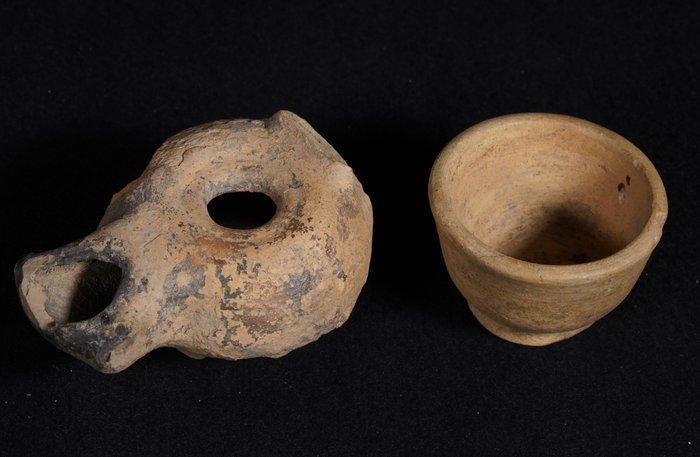 Oud-Romeins Aardewerk olielamp en miniatuurkom, 40 x 85 mm;, Verzamelen, Mineralen en Fossielen