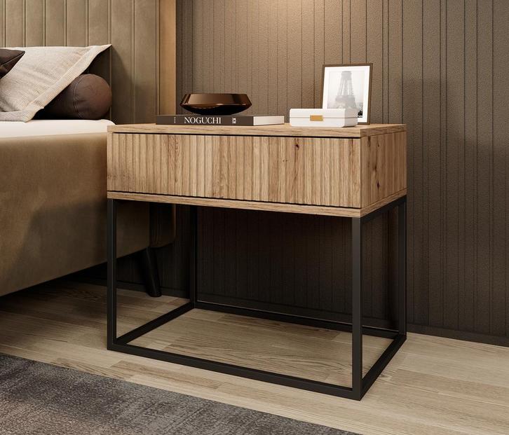 Meubella Nachtkastje eiken 60 cm lade metalen onderstel, Huis en Inrichting, Kasten | Overige, Nieuw, Verzenden
