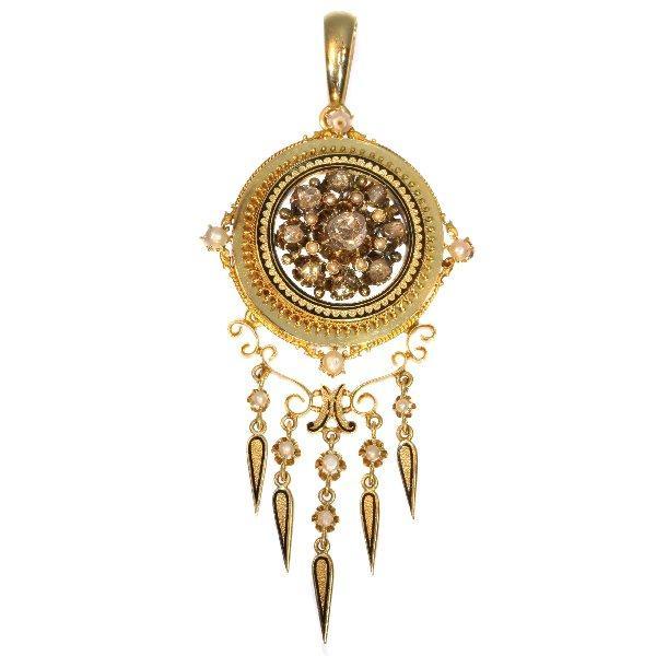 Hanger - 18 karaat Geel goud - Diamant - Broche, emaille ca., Handtassen en Accessoires, Antieke sieraden