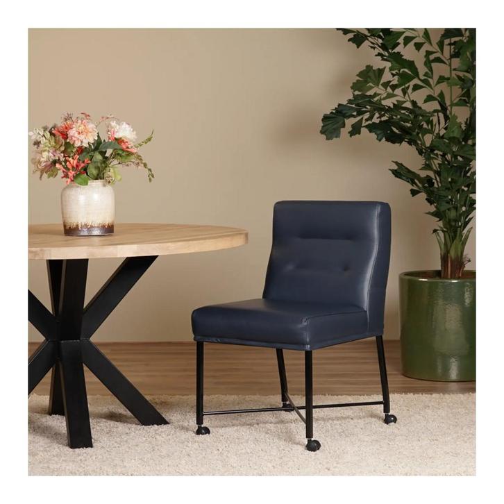 Set van 4 blauwe leren eetkamerstoelen Lucas met ronde RVS, Huis en Inrichting, Stoelen, Nieuw, Eén, Leer, Ophalen of Verzenden