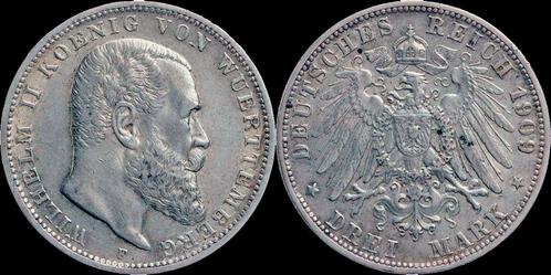Germany Wuerttemberg Wilhelm Ii 3 mark 1909f zilver, Postzegels en Munten, Munten en Bankbiljetten | Toebehoren, Verzenden