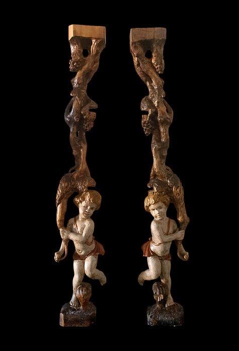 Zuilvormig houtsnijwerk, Putti - 19th century - 118 cm -, Antiek en Kunst, Antiek | Overige Antiek