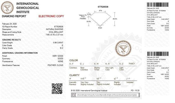 1 pcs Diamant (Natuurlijk) - 0.96 ct - Ovaal - E - SI2 -, Handtassen en Accessoires, Edelstenen