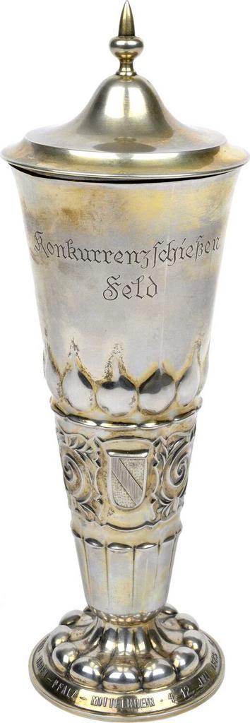 Zilverner Schuetzenpokal mit Deckel, vergoudet 1925 Schue..., Timbres & Monnaies, Pièces & Médailles, Envoi