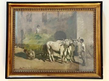 Ezio Moioli (1902-1981) - Carro trainato da buoi con figure