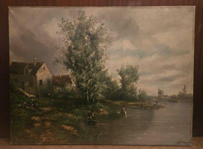 Franse school (XIX) - NO RESERVE - Paisaje fluvial, Antiek en Kunst, Kunst | Schilderijen | Klassiek