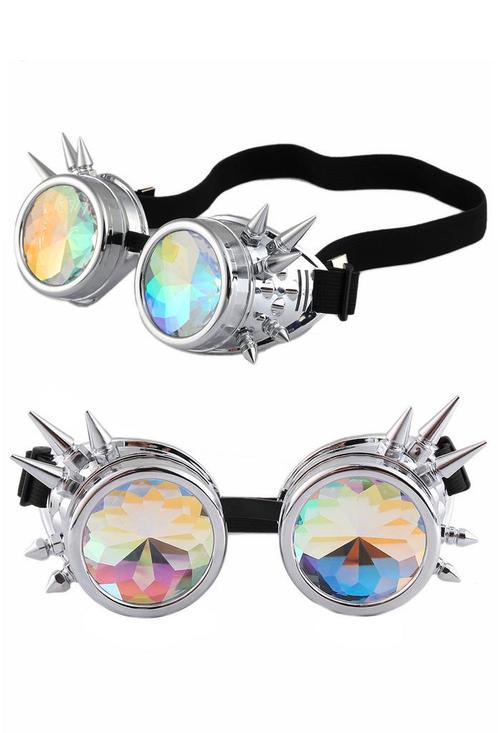 Goggles Steampunk Bril Spikes Zilver Chroom Montuur Caleidos, Hobby en Vrije tijd, Feestartikelen, Nieuw, Ophalen of Verzenden