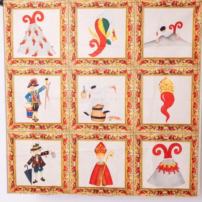 Symbolen van de Napolitaense traditie - 9 werken op textiel, Antiek en Kunst, Antiek | Tapijten, Tafelkleden en Textiel